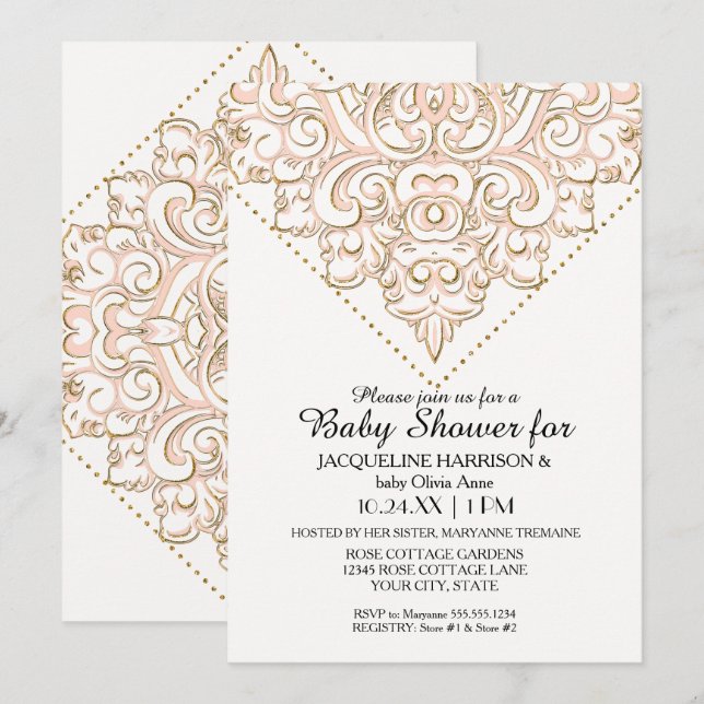 Girl Baby Shower Damask Pattern Rose Gold Dot Lace Invitation (Front/Back)