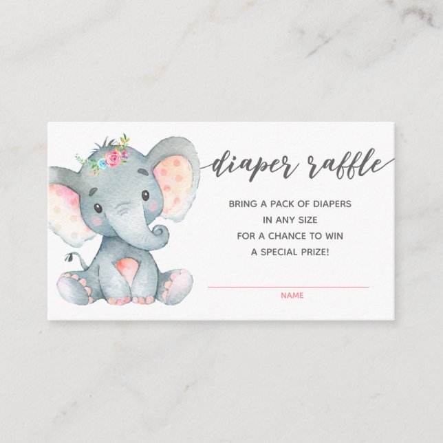 Girl Baby Shower Diaper Raffle Ticket (Elephant) Enclosure Card (Front)