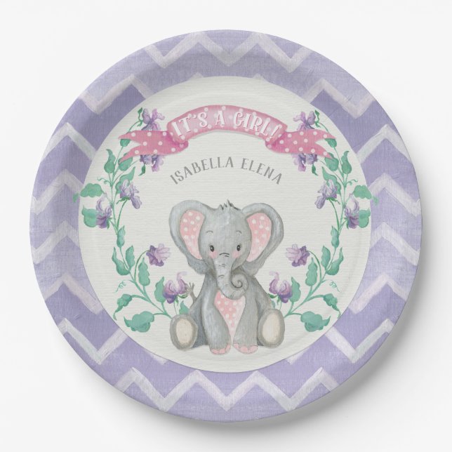 Girl Baby shower Elephant Adorable Elephant Floral Paper Plate (Front)