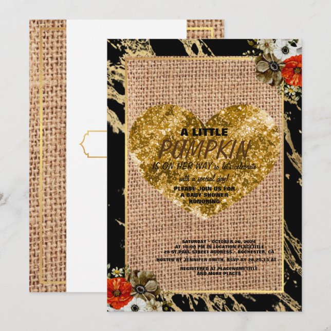 Girl Baby Shower Fall Pumpkin Rustic Burlap Wood  Invitation (Front/Back)