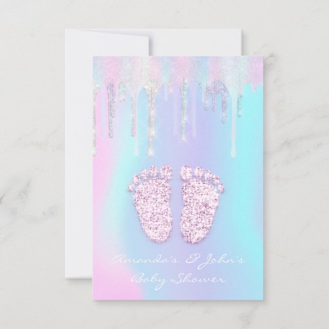 Girl Baby Shower Feet Holographic Drip Unicorn Invitation (Back)