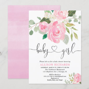 Girl baby shower floral watercolors blush pink invitation
