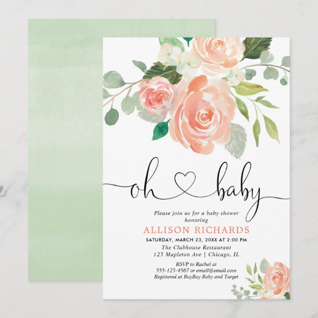 Girl baby shower floral watercolors peach greenery invitation (Front/Back)