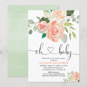 Girl baby shower floral watercolors peach greenery invitation