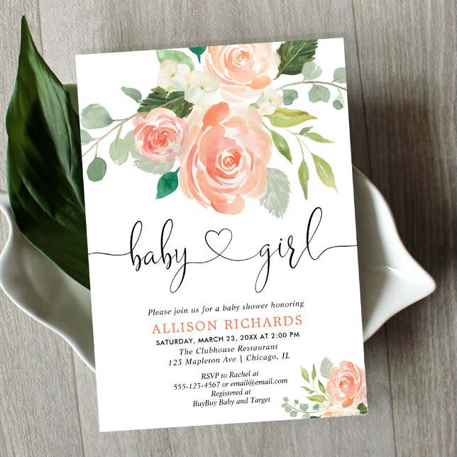 Girl baby shower floral watercolors peach greenery invitation (Creator Uploaded)