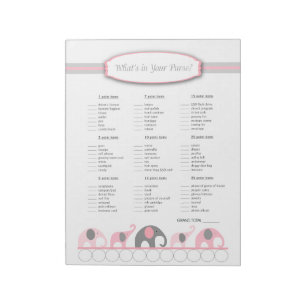 Girl baby shower game, pink elephant purse notepad