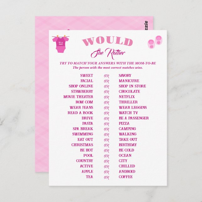 Girl Baby Shower Games Prediction and Advice.  Postcard (Front/Back)