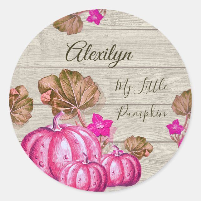 Girl Baby Shower Grey Wood Autumn Pink Pumpkin Cla Classic Round Sticker (Front)