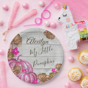 Girl Baby Shower Grey Wood Autumn Pink Pumpkin  Paper Plate