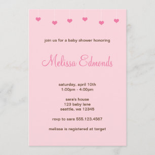 Girl Baby Shower Hanging Light Pink Hearts Invitation