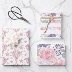 Girl Baby Shower Hot Air Balloons Florals Wrapping Paper Sheet