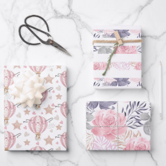 Girl Baby Shower Hot Air Balloons Florals Wrapping Paper Sheet