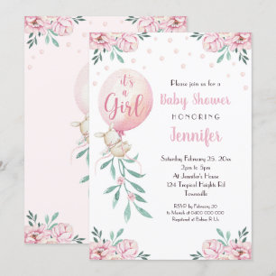 Girl Baby Shower Invitation Balloons Pink Baby