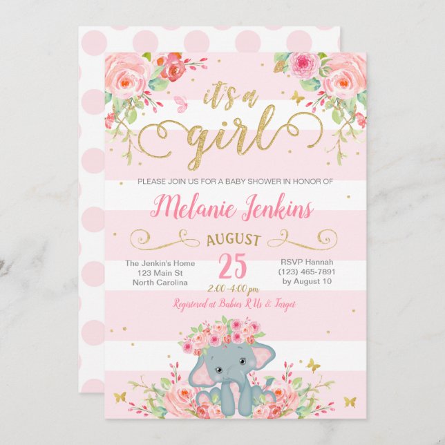 Girl Baby Shower Invitation, Elephant Baby Shower Invitation (Front/Back)