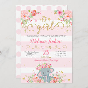 Girl Baby Shower Invitation, Elephant Baby Shower Invitation
