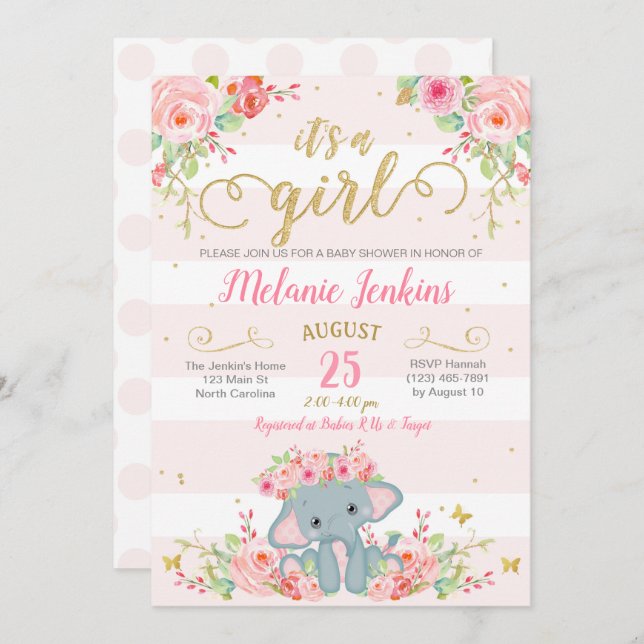 Girl Baby Shower Invitation, Elephant Baby Shower Invitation (Front/Back)