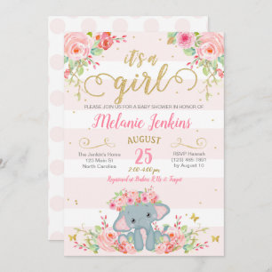 Girl Baby Shower Invitation, Elephant Baby Shower Invitation