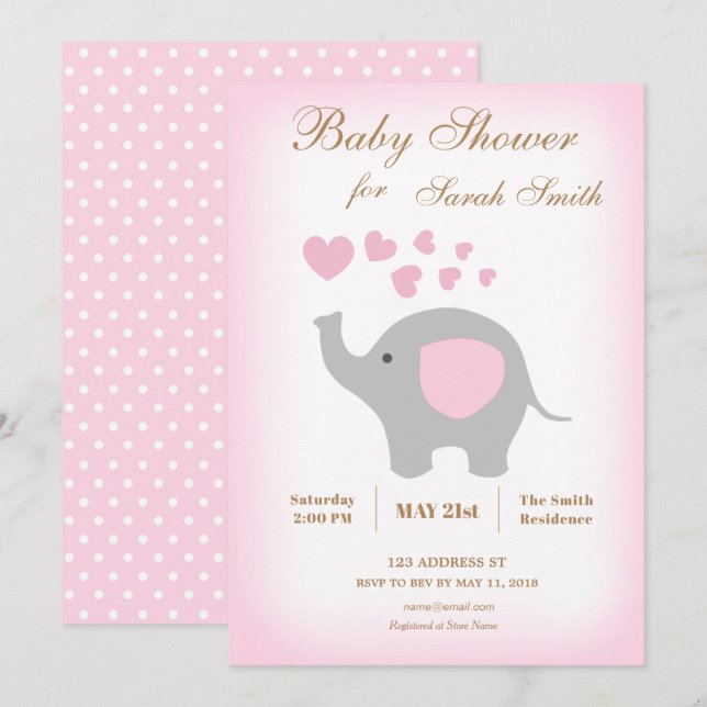 Girl Baby Shower Invitation Elephant Pink Hearts (Front/Back)