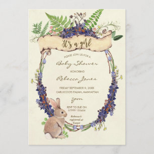 girl baby shower invitation forest rabbit bunny