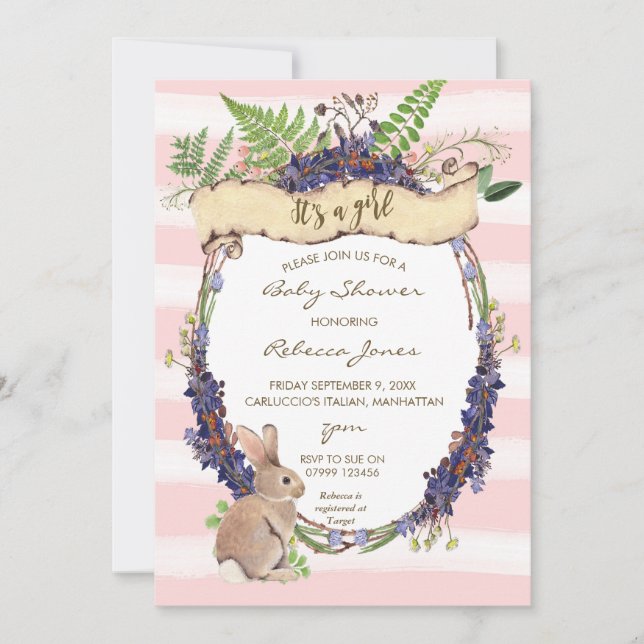 girl baby shower invitation forest rabbit bunny (Front)