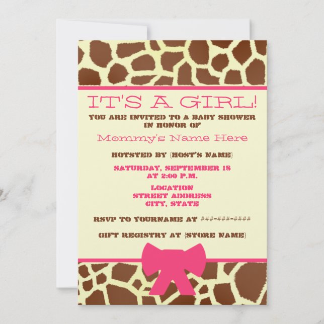Girl Baby Shower Invitation - Giraffe Print & Pink (Front)