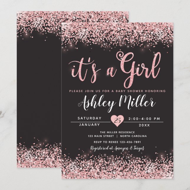 Girl Baby Shower Invitation Pink Black Chic (Front/Back)
