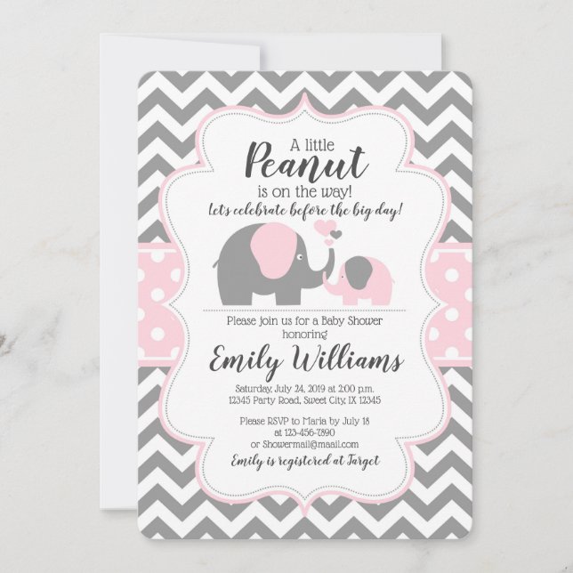 Girl baby shower invitation pink elephant theme (Front)