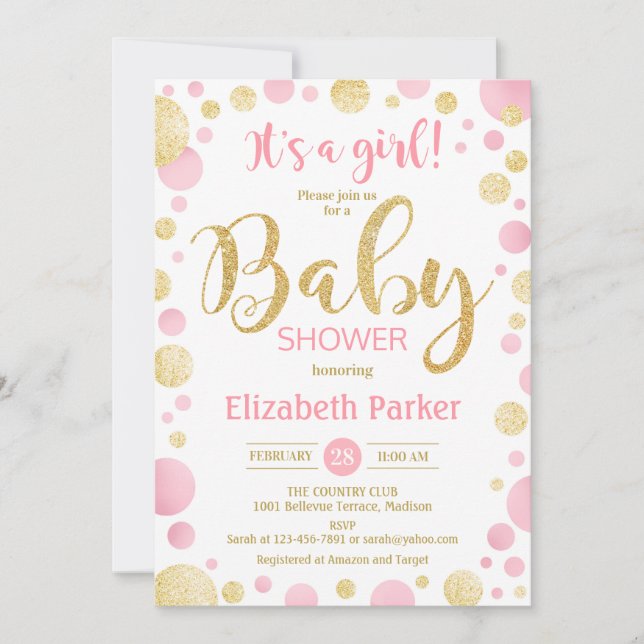 Girl Baby Shower Invitation - Pink Gold Dots (Front)