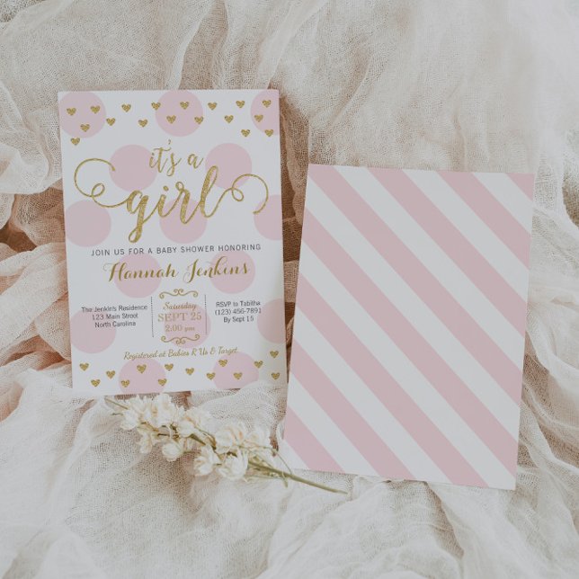 Girl Baby Shower Invitation Pink & Gold Hearts (Creator Uploaded)