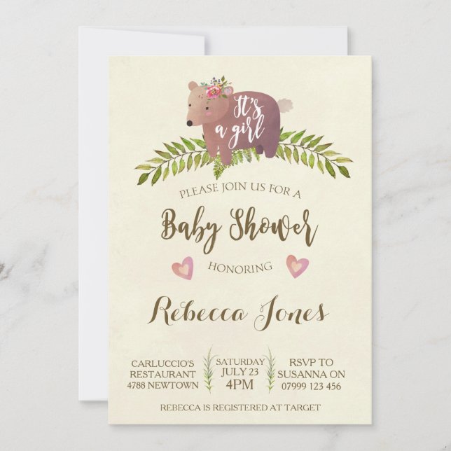 girl baby shower invitation woodland it's a girl (Front)