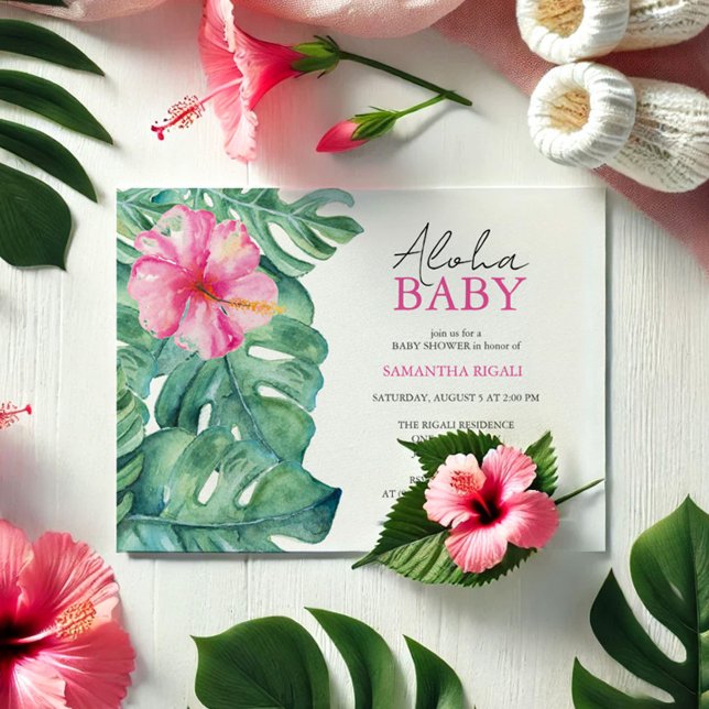 Girl Baby Shower Invitations Aloha (Aloha baby shower invitations watercolor pink hibiscus and palm leaf art by Victoria Grigaliunas)