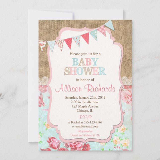 Girl baby shower invitations burlap lace rustic (Front)