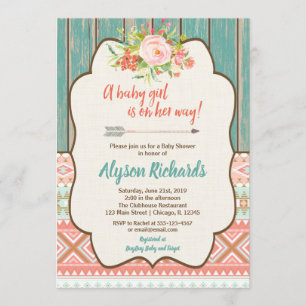 Girl baby shower invitations, tribal baby shower invitation