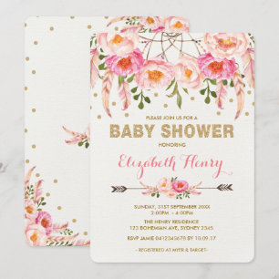 Girl Baby Shower Invite Pink Gold Boho Flowers