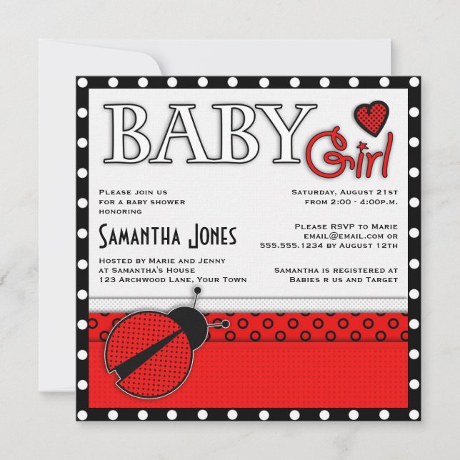 Girl Baby Shower Invite Red Ladybug (Front)