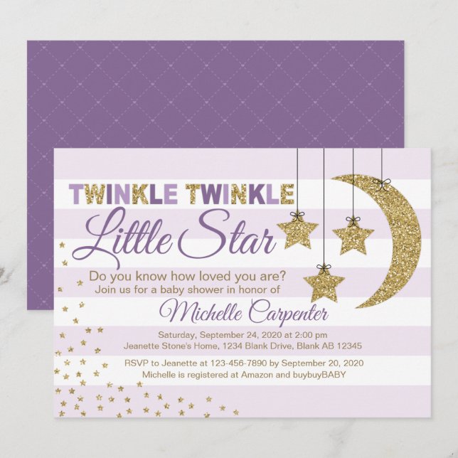 Girl baby shower invite twinkle little star purple (Front/Back)