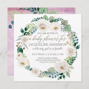 Girl Baby Shower Lavender and White Roses Wreath Invitation