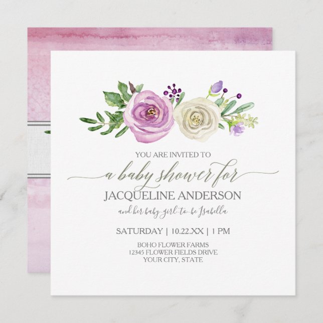 Girl Baby Shower Lilac n White Roses Leaf Foliage Invitation (Front/Back)