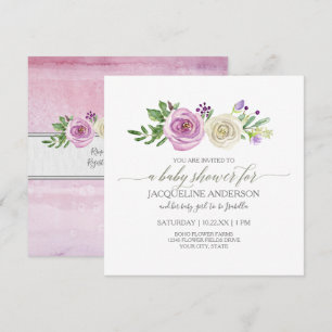 Girl Baby Shower Lilac n White Roses Leaf Foliage Invitation