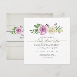 Girl Baby Shower Lilac n White Roses Rustic Wood Invitation