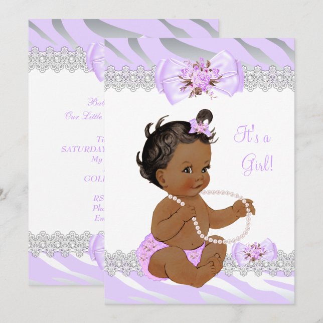 Girl Baby Shower Lilac Zebra Lace Ethnic Invitation (Front/Back)