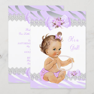 Girl Baby Shower Lilac Zebra Lace Light Brunette Invitation