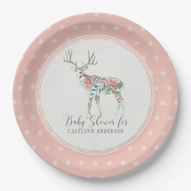 Girl Baby Shower Modern Floral Rose Deer Antlers Paper Plate (Front)