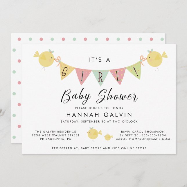 Girl Baby Shower | Mummy Bird with Chick Invitation (Front/Back)