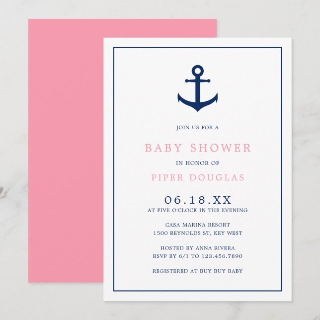 Girl Baby Shower Nautical Pink Blue Anchor Invitation (Front/Back)