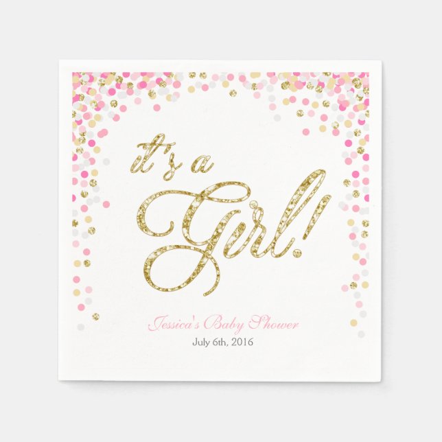 Girl Baby Shower Paper Napkin Pink Gold Confetti (Front)
