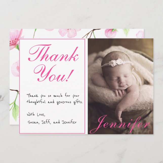 Girl Baby Shower Photo Handwritten Thank You Card (Front/Back)