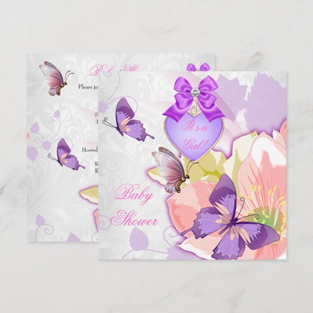 Girl Baby Shower Pink Butterfly Purple Floral 2 Invitation (Front/Back)