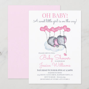 Girl Baby Shower Pink Elephant on Cloud Invitation