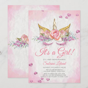 Girl Baby Shower Pink Fantasy Sleepy Unicorn Invitation